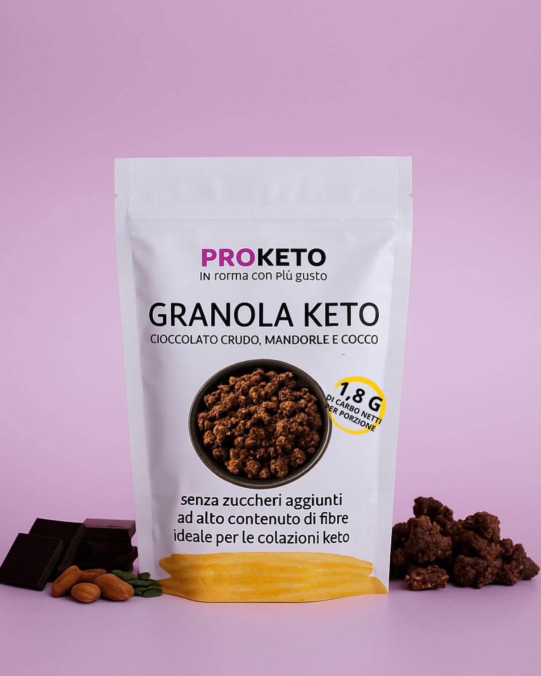 Granola keto Croccante con cioccolato crudo, mandorle e cocco, (290g) - senza cereali