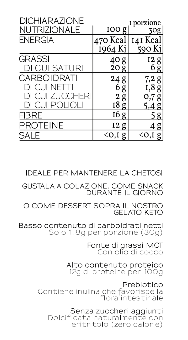 Granola keto Croccante con cioccolato crudo, mandorle e cocco, (290g) - senza cereali