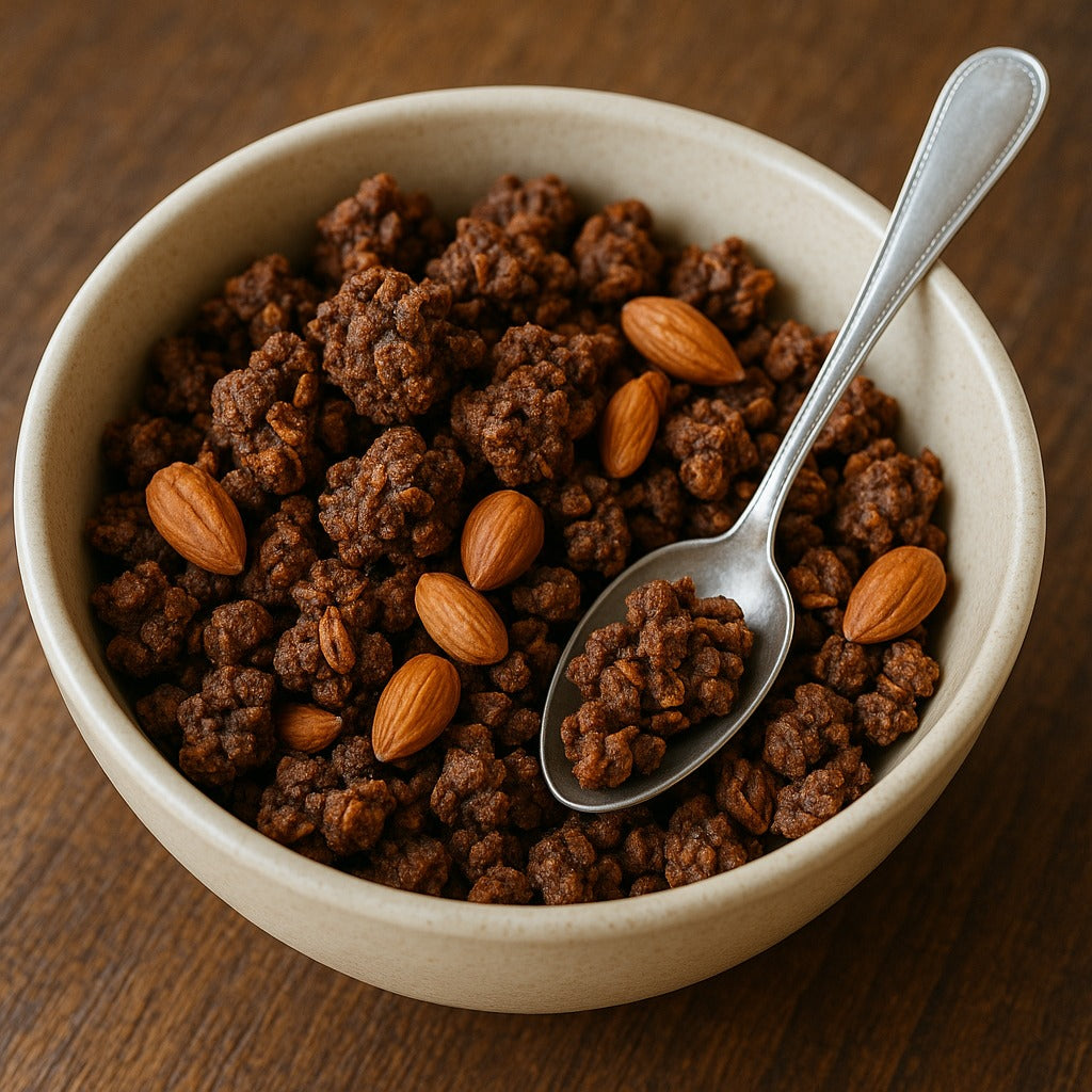 Granola keto Croccante con cioccolato crudo, mandorle e cocco,  (290g) - senza cereali