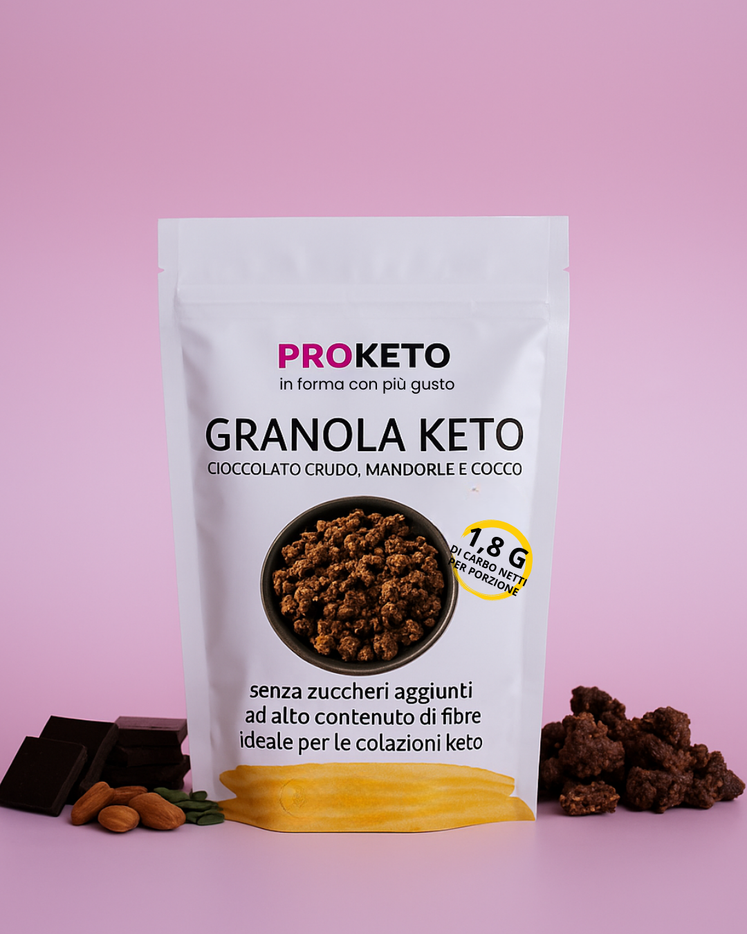Granola keto Croccante con cioccolato crudo, mandorle e cocco,  (290g) - senza cereali